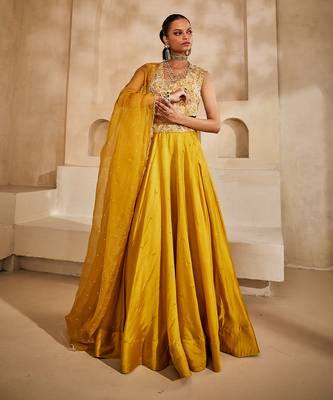 Mustard Yellow Embroidered Silk Organza Lehenga Set 2