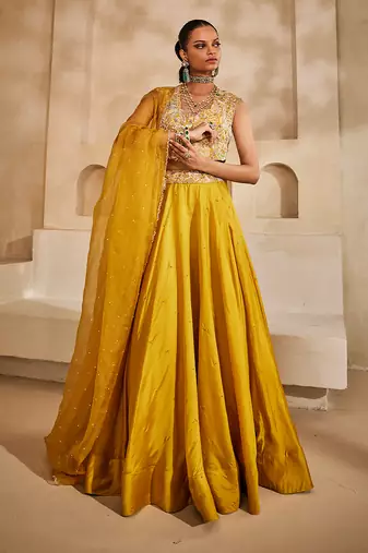 Mustard Yellow Embroidered Silk Organza Lehenga Set