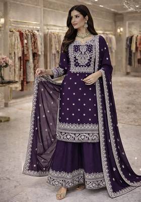 purple silk blend embroidered kurta palazzo with dupatta 2