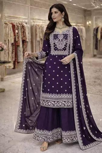 purple silk blend embroidered kurta palazzo with dupatta