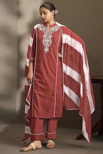 Maroon pure cotton schiffli embroidered straight kurta set with cotton pants & najmin chiffon dupatta