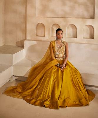 Mustard Yellow Embroidered Silk Organza Lehenga Set 3