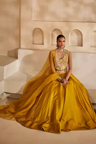 Mustard Yellow Embroidered Silk Organza Lehenga Set