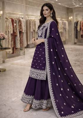 purple silk blend embroidered kurta palazzo with dupatta 3
