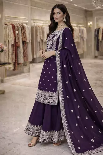 purple silk blend embroidered kurta palazzo with dupatta