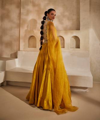 Mustard Yellow Embroidered Silk Organza Lehenga Set 4
