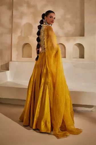 Mustard Yellow Embroidered Silk Organza Lehenga Set