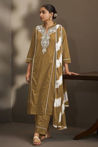 Brown pure cotton schiffli embroidered straight kurta set with cotton pants & najmin chiffon dupatta