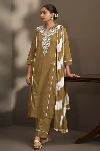 Brown pure cotton schiffli embroidered straight kurta set with cotton pants & najmin chiffon dupatta