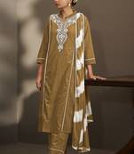 Brown pure cotton schiffli embroidered straight kurta set with cotton pants & najmin chiffon dupatta