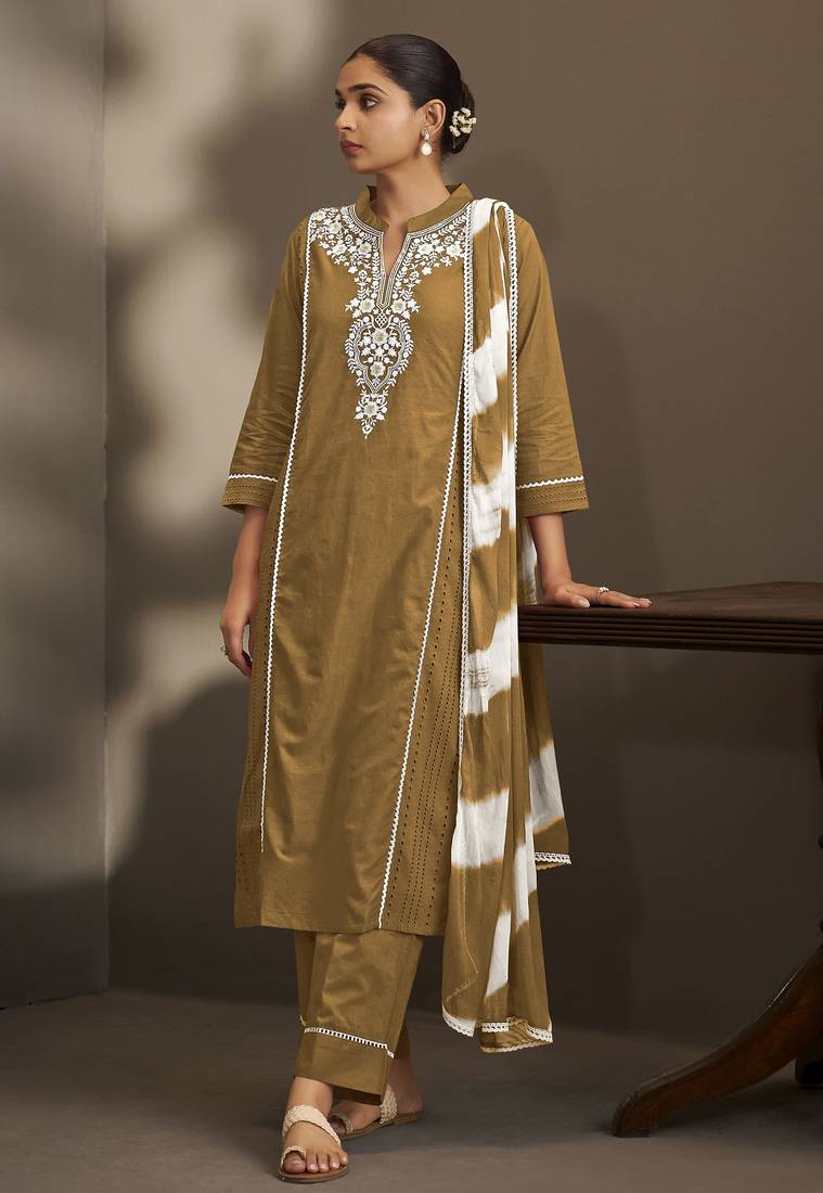 Brown pure cotton schiffli embroidered straight kurta set with cotton pants & najmin chiffon dupatta