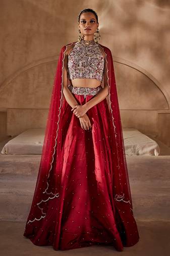 Crimson Red Embroidered Silk Organza Indo Western Lehenga Set
