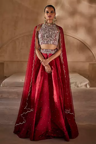 Crimson Red Embroidered Silk Organza Indo Western Lehenga Set