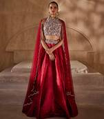 Crimson Red Embroidered Silk Organza Indo Western Lehenga Set