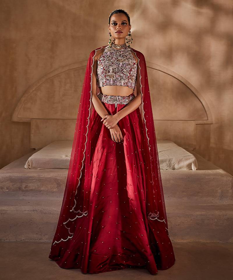 Crimson Red Embroidered Silk Organza Indo Western Lehenga Set