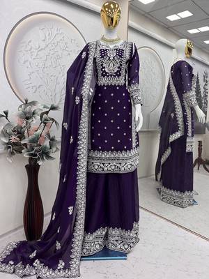 purple silk blend embroidered kurta palazzo with dupatta 4