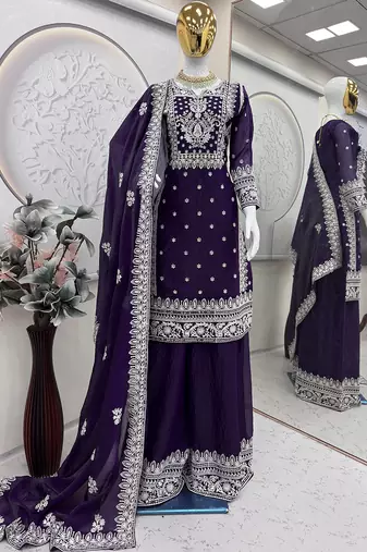 purple silk blend embroidered kurta palazzo with dupatta