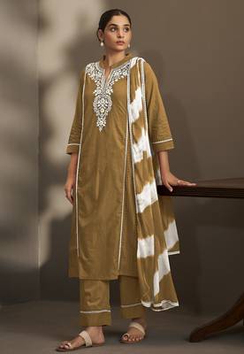 Brown pure cotton schiffli embroidered straight kurta set with cotton pants & najmin chiffon dupatta 2