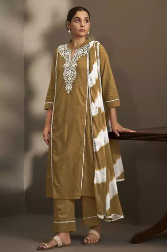 Brown pure cotton schiffli embroidered straight kurta set with cotton pants & najmin chiffon dupatta