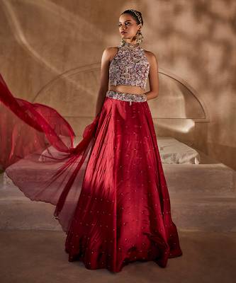 Crimson Red Embroidered Silk Organza Indo Western Lehenga Set 2