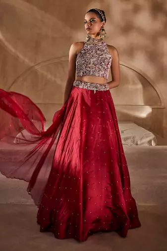 Crimson Red Embroidered Silk Organza Indo Western Lehenga Set