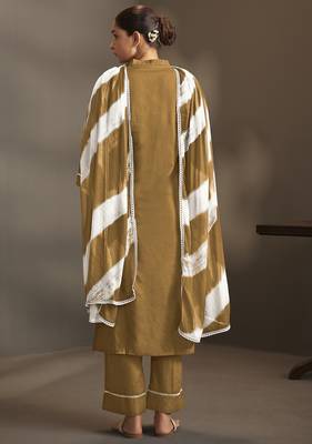 Brown pure cotton schiffli embroidered straight kurta set with cotton pants & najmin chiffon dupatta 3