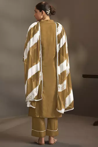 Brown pure cotton schiffli embroidered straight kurta set with cotton pants & najmin chiffon dupatta
