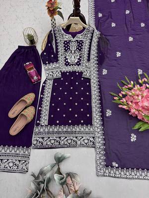 purple silk blend embroidered kurta palazzo with dupatta 5