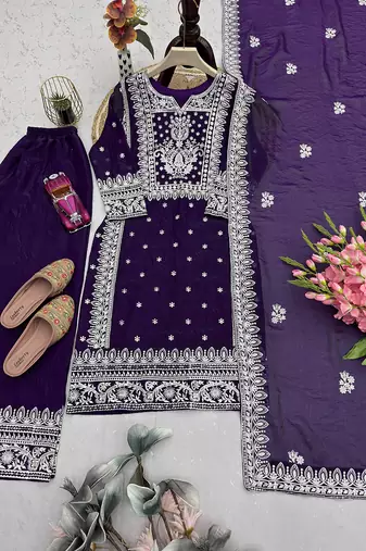 purple silk blend embroidered kurta palazzo with dupatta