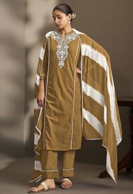 Brown pure cotton schiffli embroidered straight kurta set with cotton pants & najmin chiffon dupatta 4