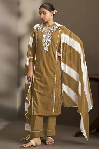 Brown pure cotton schiffli embroidered straight kurta set with cotton pants & najmin chiffon dupatta