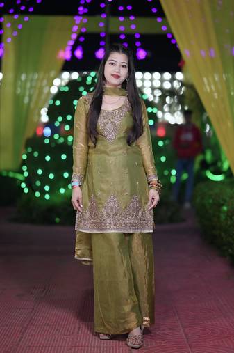 mehendi silk blend embroidered sequin kurta palazzo with dupatta