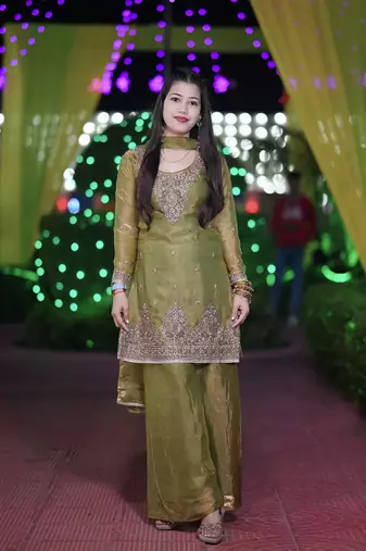 mehendi silk blend embroidered sequin kurta palazzo with dupatta