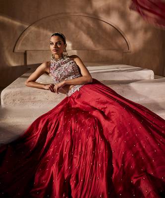Crimson Red Embroidered Silk Organza Indo Western Lehenga Set 3