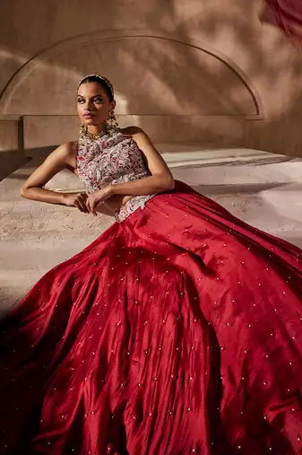 Crimson Red Embroidered Silk Organza Indo Western Lehenga Set