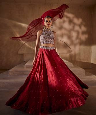 Crimson Red Embroidered Silk Organza Indo Western Lehenga Set 4