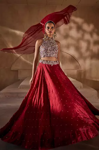 Crimson Red Embroidered Silk Organza Indo Western Lehenga Set