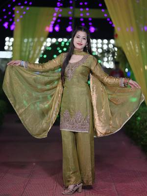mehendi silk blend embroidered sequin kurta palazzo with dupatta 2