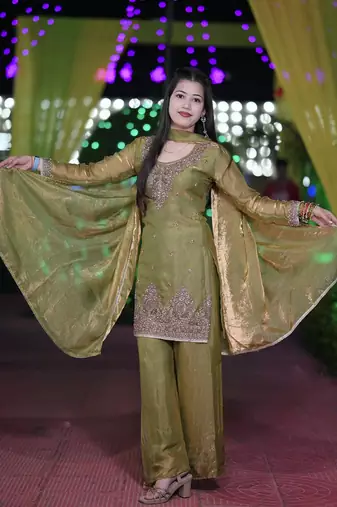 mehendi silk blend embroidered sequin kurta palazzo with dupatta
