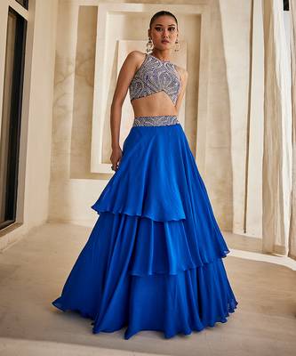 Cobalt Blue Embroidered Georgette Indo Western Lehenga Set 1
