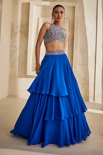 Cobalt Blue Embroidered Georgette Indo Western Lehenga Set