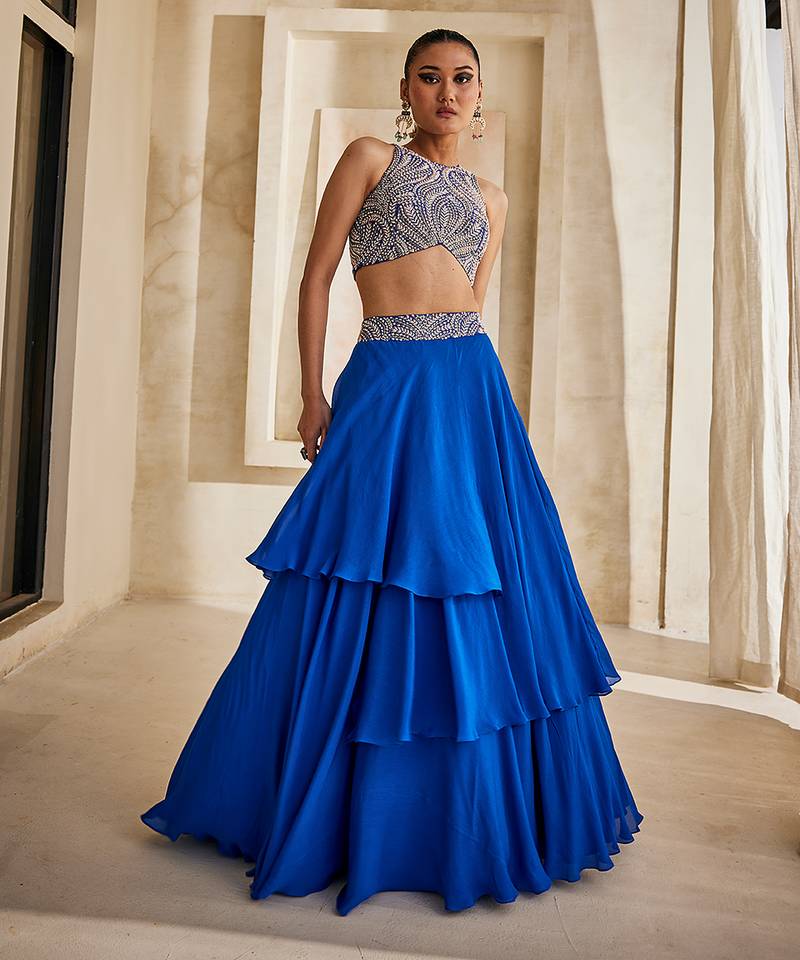 Cobalt Blue Embroidered Georgette Indo Western Lehenga Set