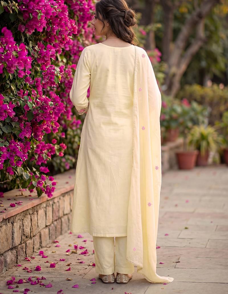 White pure cotton embroidered kurta set with dupatta