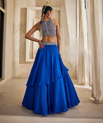 Cobalt Blue Embroidered Georgette Indo Western Lehenga Set 2