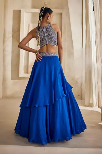 Cobalt Blue Embroidered Georgette Indo Western Lehenga Set