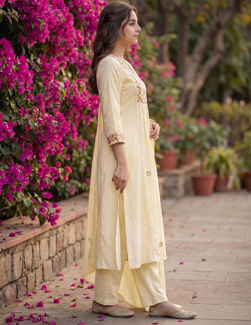 White pure cotton embroidered kurta set with dupatta