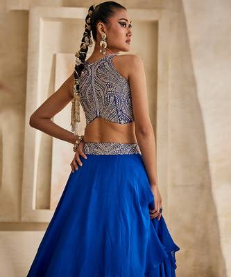 Cobalt Blue Embroidered Georgette Indo Western Lehenga Set 3