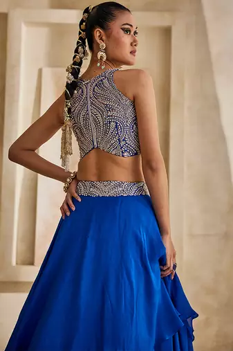 Cobalt Blue Embroidered Georgette Indo Western Lehenga Set