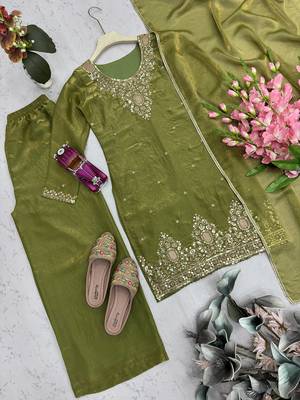mehendi silk blend embroidered sequin kurta palazzo with dupatta 4