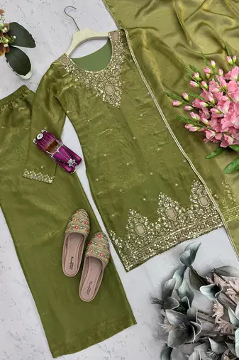 mehendi silk blend embroidered sequin kurta palazzo with dupatta